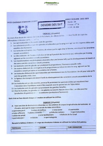 Sujet de SVT niveau Première D Lycée Classique Abidjan 2023