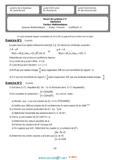 Devoir de Synthèse N°2 Math Bac Mathématiques 2013 2014 Mr Marzouk by Tehua