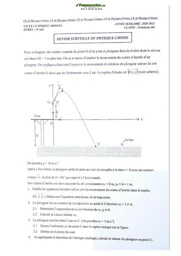 Sujet de Physique-Chimie Terminale D Lycée Classique Abidjan 2021-2022