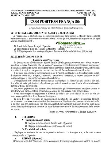 SUJET DE COMPOSITION FRANCAISE BEPC BLANC FERKESSEDOUGOU 2023