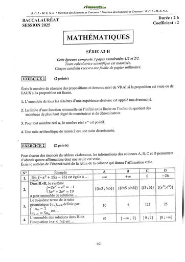 BAC 2025 Côte d'Ivoire SUJET+ BAREME MATHEMATIQUES SERIE A2&H BY TEHUA