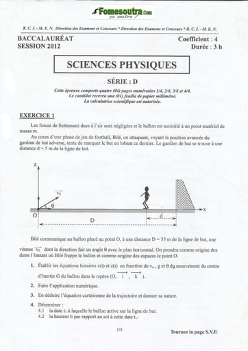 Sujet de Physique-Chimie BAC D 2012