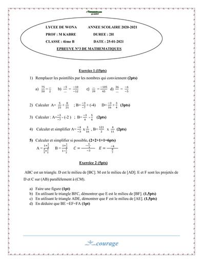DEVOIR DE MATHS NIVEAU 4ième LYCEE DE WONA 2021 N°3 BY TEHUA