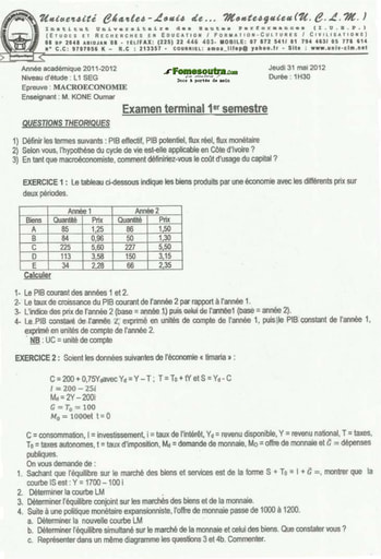 Sujet de Macroéconomie niveau Licence 1 - Université Charles - Louis de Montesquieu