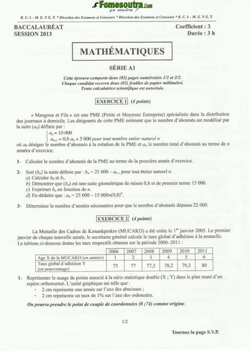 Sujet de Maths BAC A1 2013