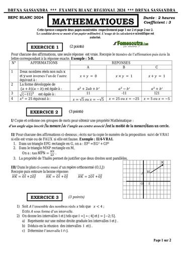 BEPC blanc 2024 MATHS Dren sassandra by Tehua