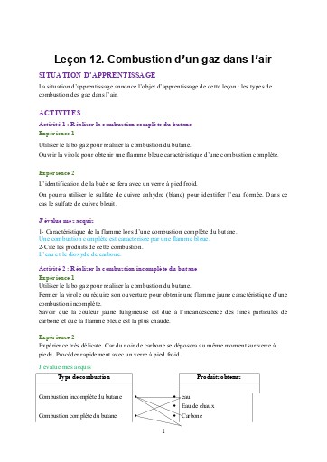 Leçon 12  Combustion d'un gaz dans l'air