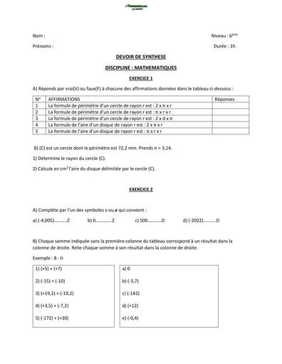 DEVOIR DE NIVEAU MATHS 6ième BY TEHUA