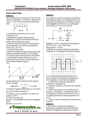 Sujet (1) Auto-induction ; Montage intégrateur et dérivateur - Physique Terminale C