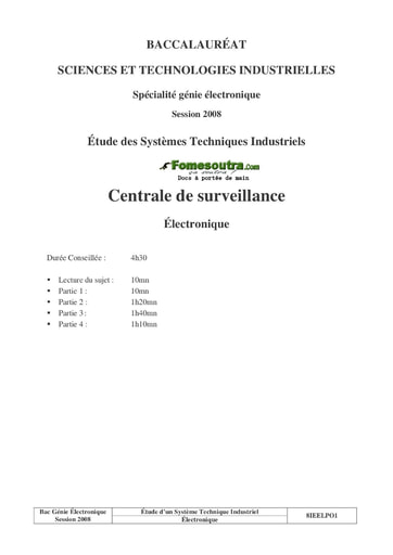 Sujet corrigé Centrale de surveillance - Étude des Systèmes Industriels - BAC 2008