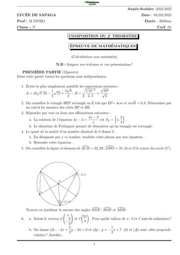 SUJET MATHS 3ième TRIMESTRE 2 LYCEE DE SAPAGA 2025 BY TEHUA