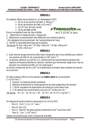 Sujet (7) L’eau ; produit ionique / PH d’une solution aqueuse - Chimie Terminale C