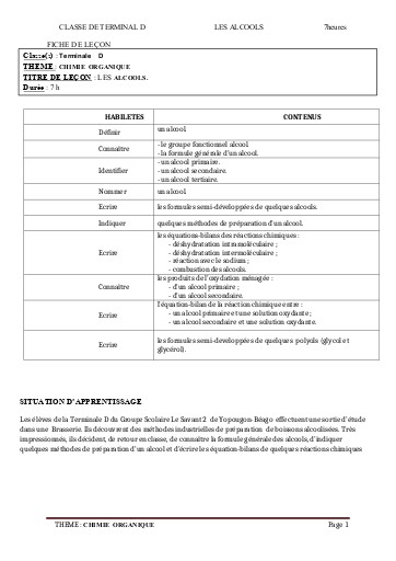 FCICHE DE COURS PC Tle CD L1 LES ALCOOLS by TEHUA