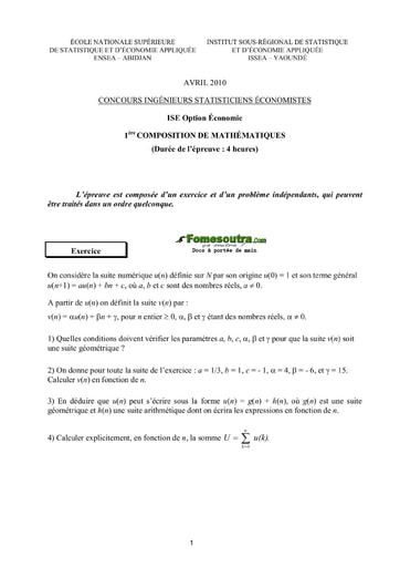 Sujet 1ère épreuve de maths ISE option économie 2010 (ENSEA - ISSEA)