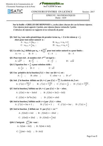 Sujet de Mathématiques concours d'entrée en Licence - ESATIC 2017