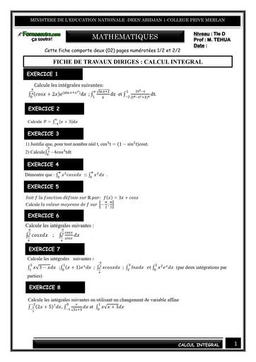 FICHE DE TRAVAUX DIRIGES MATHS Tle D CALCUL INTEGRAL MARS 2026 BY TEHUA