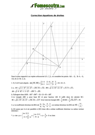 Corrigé Equations de droites 2 - Maths niveau 2nd C