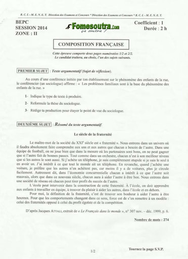Sujet de Composition française BEPC 2014 zone 2