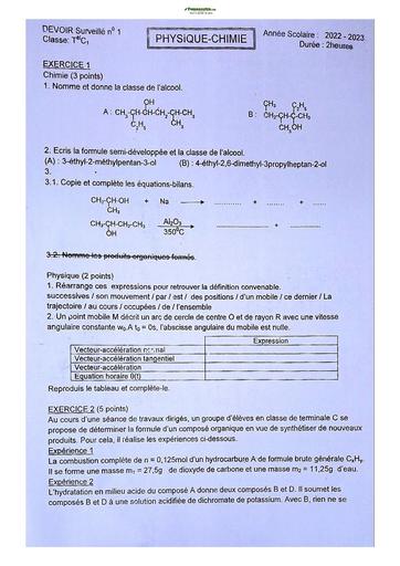 Sujets de Physique-Chimie Terminale C Lycée Classique  2023