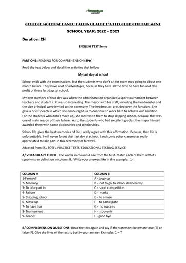 DEVOIR DE NIVEAU d'anglais 3eme MY LAST DAY AT SCHOOL by TEHUA