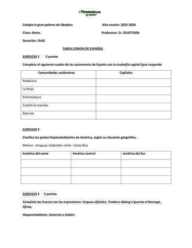 SUJET 4ième devoir ESPAGNOL 4ème ( el mundo hispánico) by TEHUA