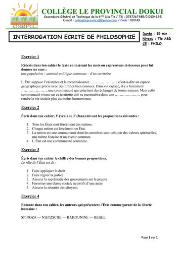 INTERROGATION PHILO NIVEAU Tle ACD by TEHUA