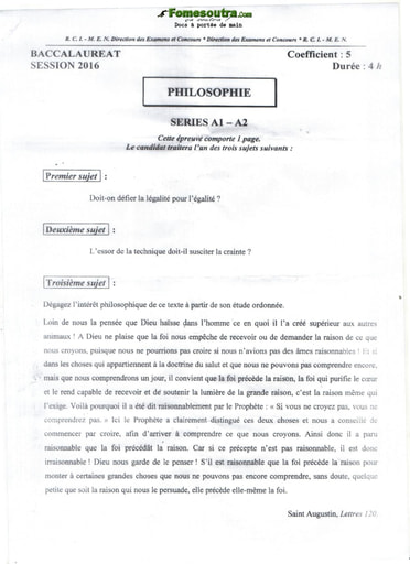 Sujet de Philosophie BAC A1 et A2 2016