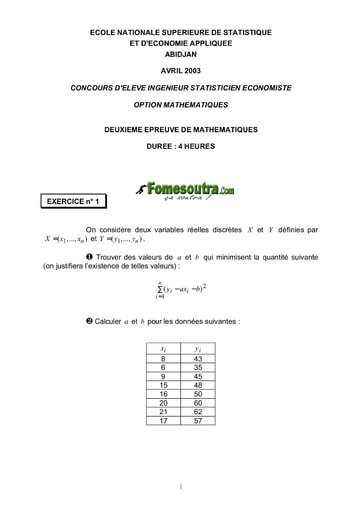 Sujet 2ème épreuve de maths ISE option maths 2003 (ENSEA)