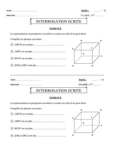 Interrogation écrite N°2 maths niveau 4ème (perspective cavalière) By Tehua