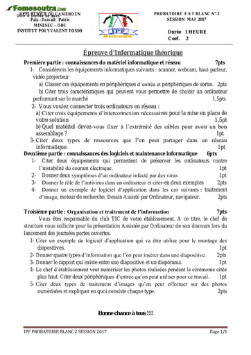 Sujet (2) d'Informatique théorique niveau Probatoire F3 et F4  - Cameroun