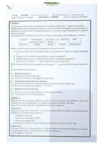 Sujet de Physique-Chimie Terminale D Lycée Classique Abidjan 2021-2022