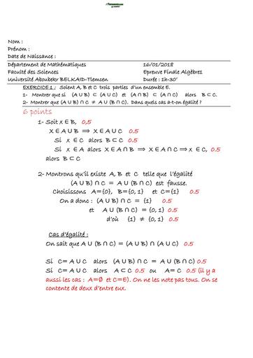 Examen7 Algèbre 1 MI L1 Tlemcen by TEHUA