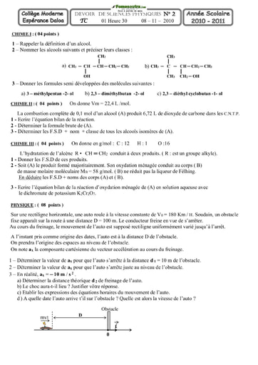 Devoir de Physique-Chimie (Alcools + cinématique) Terminale C
