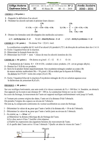 Devoir de Physique-Chimie (Alcools + cinématique) Terminale C