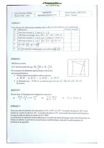 Sujet de Mathématiques Seconde C Lycée Classique Abidjan 2023