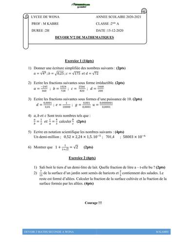 DEVOIR DE MATHS 2nde A N°2 LYCEE DE WONA 2024 BY TEHUA