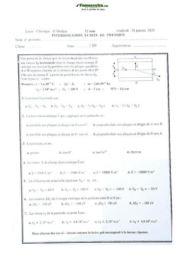 Sujet de Physique-Chimie Terminale D Lycée Classique Abidjan 2021-2022