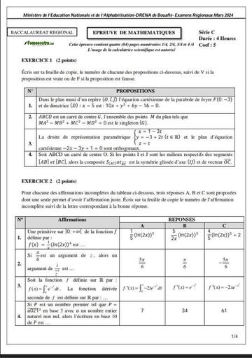SUJET BAC BLANC 2024 MATHEMATIQUES SERIE C REGIONAL DRENA BOUAFLE by Tehua