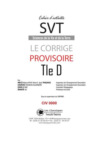 Corrigé du Cahier d'activités Emeraude du Classiques ivoiriens CORRIGÉS SVT Tle D