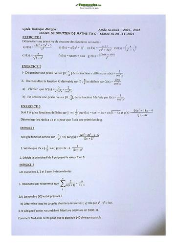 Devoir de Mathématique Terminale C Lycée Classique Abidjan 2022