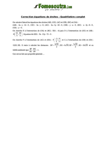 Corrigé Equations de droites: Quadrilatère complet - Maths niveau 2nd C