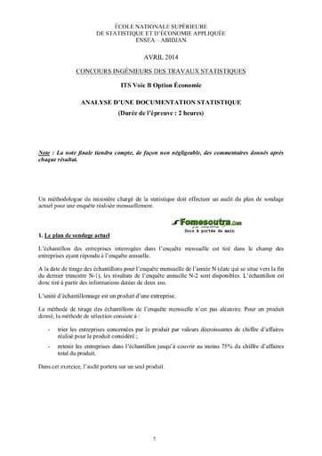 Sujet Analyse d'une Documentation Statistique ITS B option Economie 2014 (ENSEA)