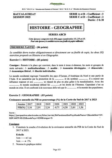 BAC 2025 Côte d'Ivoire SUJET+ BAREME HISTOIRE GEOGRAPHIE SERIE ABCD BY TEHUA