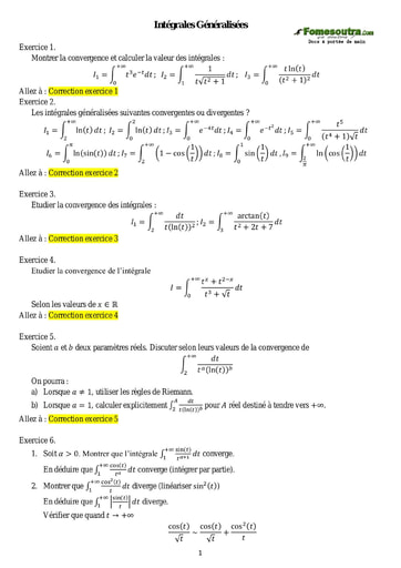 Sujets corrigés Intégrales Généralisées - Maths sup