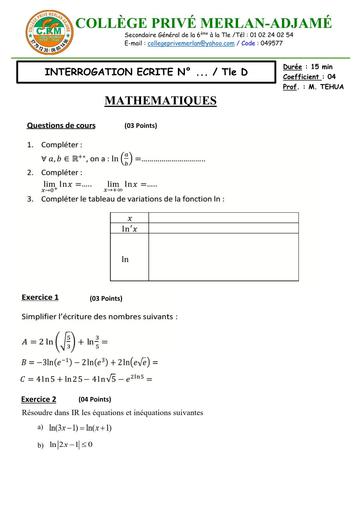 INTERROGATION ECRITE N°2 MATHS NIVEAU Tle D   FONCTION LN by TEHUA