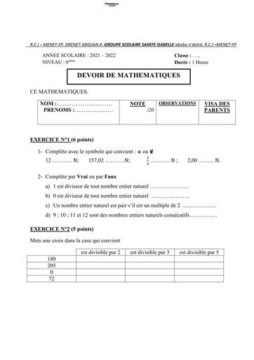 DEVOIR DE NIVEAU MATHS 6ième TRIMESTRE 1 NOMBRES ENTIERS NATURELS BY TEHUA