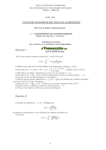 Sujet 1ère épreuve de maths ITS B option Maths 2005 (ENSEA)