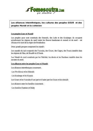 Les alliances interethniques, les cultures des peuples GOUR et des peuples Mandé et la cohésion