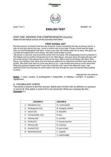 DEVOIR D'ANGLAIS FIRST SCHOOL DAY niveau 3ième BY TEHUA
