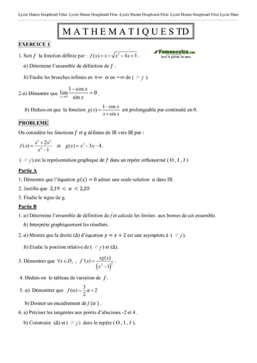 Devoir (1) de Maths sur l'étude de fonction niveau Terminale C Lycée Mamie Houphouet Fetai